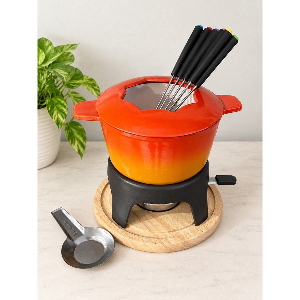 Swissmar Sierra Cast Iron Fondue Set Orange Ombré 11 Piece Complete Retro Chalet